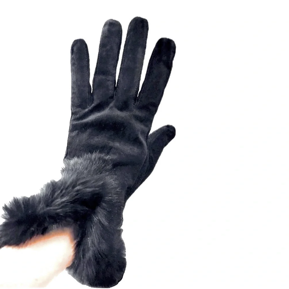 🧤🐇 Vintage Black Suede Leather Gloves w/ Rabbit Fur Trim | Jackie O Glam, Sz L